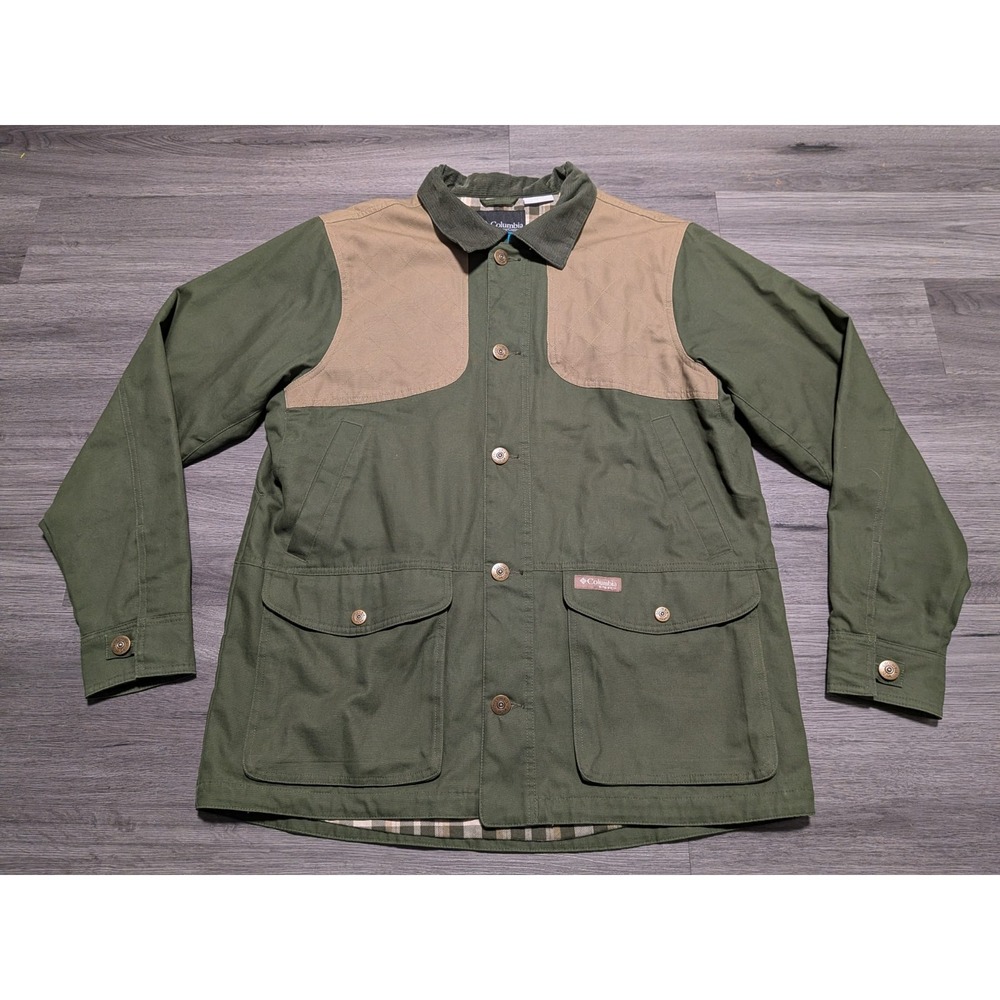 VTG Columbia Men's Green Tan‎ Shoulder Patch 12 GA Buttons Shooting Shirt Size L